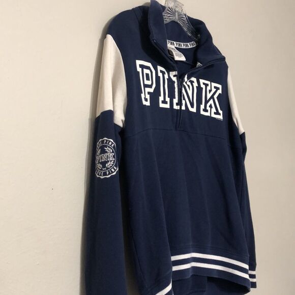 Victoria’s Secret Pink Women XS Extra Small Navy White Zip Oversized Pullover - Picture 2 of 4